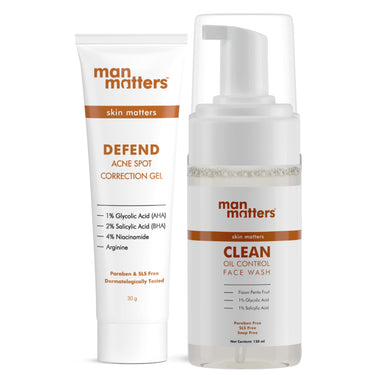 Man Matters 1% Salicylic Acid Oil Control Face Wash And 2% Salicylic Acid Defend Acne Spot Correction Gel For Men | 1% Glycolic Acid | Reduces Acne, Acne Spots & Blemishes 120ml